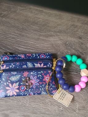 Simply Southern  Floral Wristlet Coin Purse with Beaded Teether Bracelet - Navy